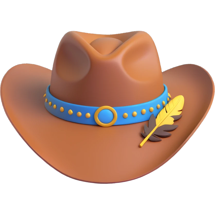 Add a single feather tucked into the leather band of the Billy Jack hat, keep the 3D emoji style. emoji