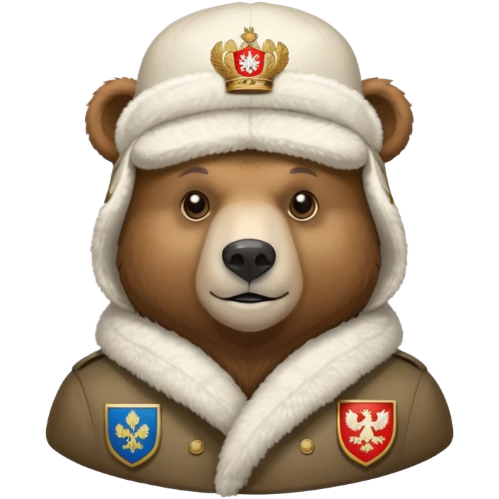 Just the head of a bear wearing white ushanka hat with detailed Russian coat of arms emblem centered on hat, iOS emoji style emoji