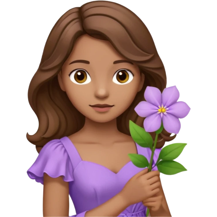 Menina parda/branca de cabelo ondulado castanho partido de lado com uma flor lilás e vestido lilás emoji
