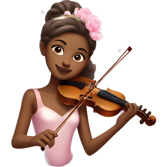 ballet brunette with brown skin girl with soft pastel tutu playing violin with peonies and sparkles realistic coquette emoji