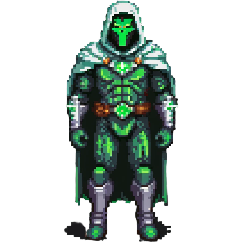 Doctor Doom standing with bright green eyes glowing through mask, full body emoji