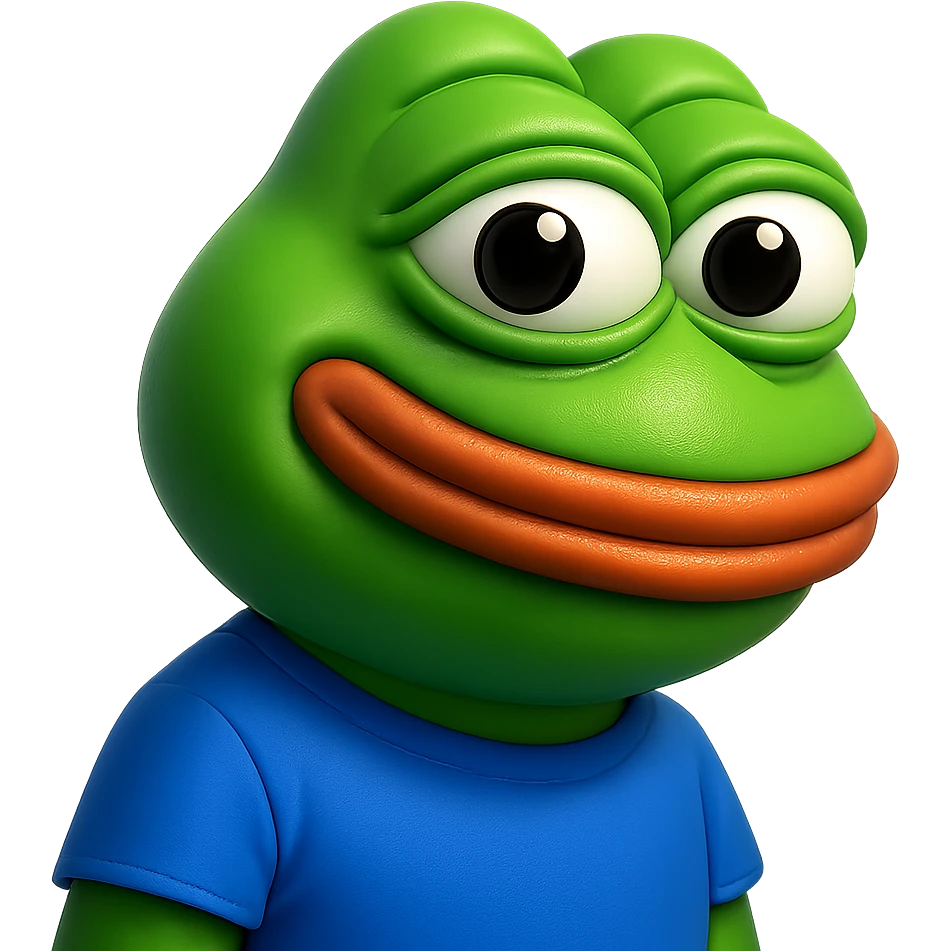 pepe in
- 3d style
- bright green
- blue shirt
- smiling
- looking straight at the camera
- good highlights and shadows
- 30deg angled towards the right emoji