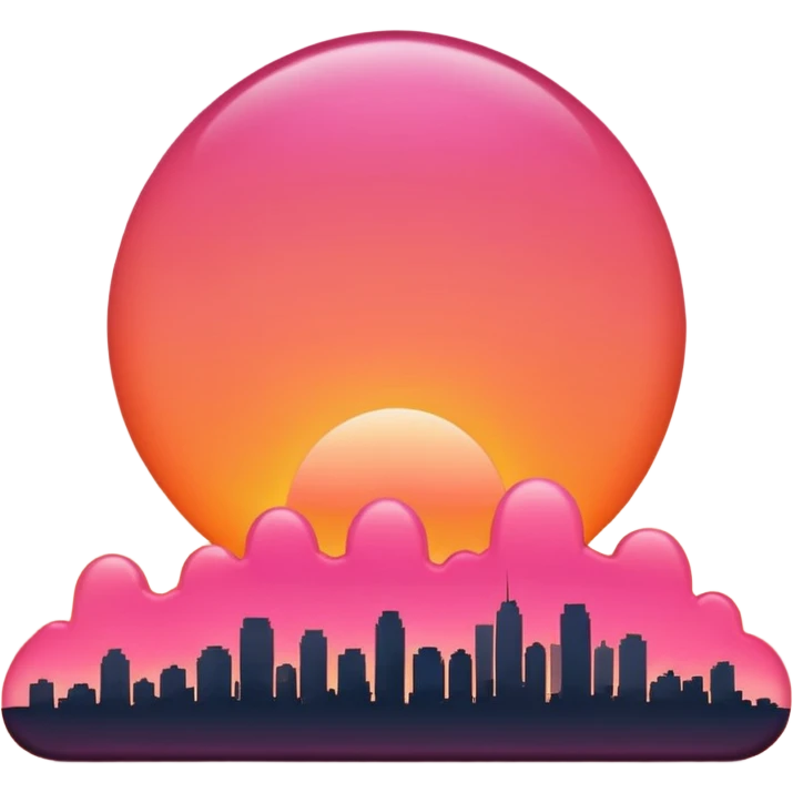 “Simple sunset emoji 🌇 in clean 3D style, smooth rounded shapes, warm orange-pink sky, glossy shiny surface, soft studio lighting, cute emoji look, minimal city silhouette, no text, no shadow, no background (transparent), high-quality 3D render.” emoji