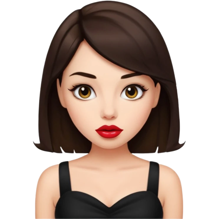 Brunette woman black mini dress with  big lips emoji