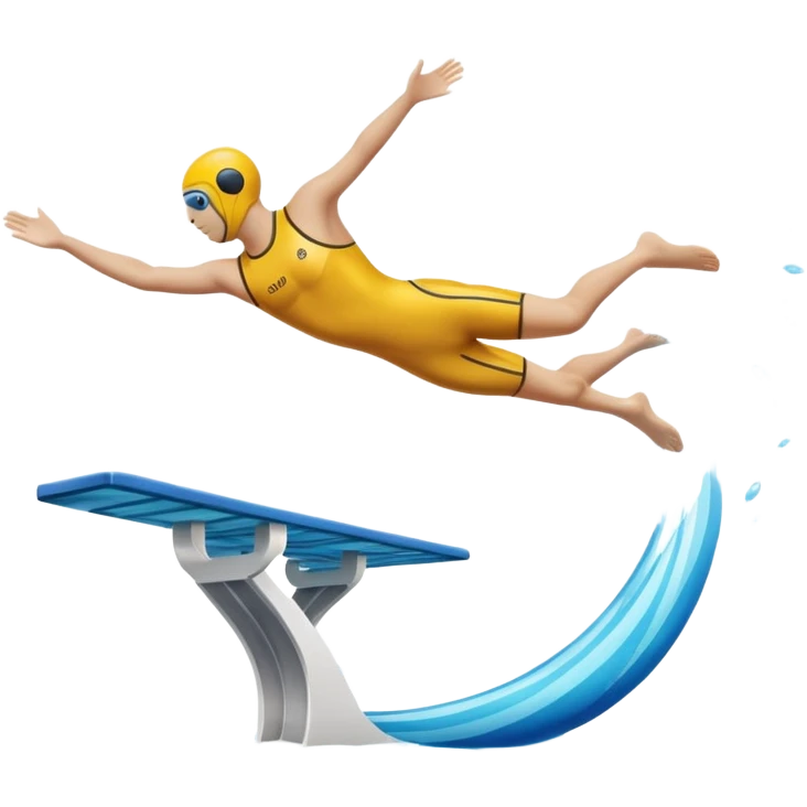 An icon showing a diver captured mid-air in a graceful pose above a pool, with a diving board behind and water below. Splash trails and motion lines emphasize precision and elegance. Transparent background highlights the beauty and focus of competitive diving. emoji