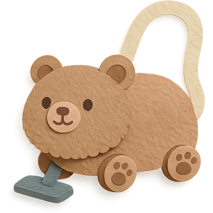 soft brown pastel bear vacuum cleaner, fluffy, with tiny paw wheels, rolling adorably, full-body emoji