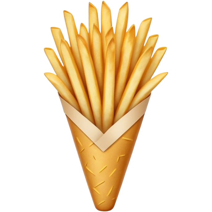 Cinematic Realistic Belgian Fries Dish Emoji, showcasing thick, crispy fries served in a paper cone rendered with detailed textures and golden, appetizing lighting. emoji