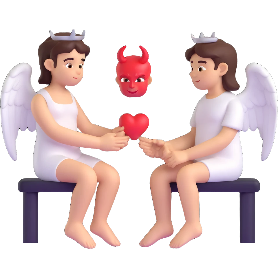 An angel and a demon sitting together, holding hands emoji