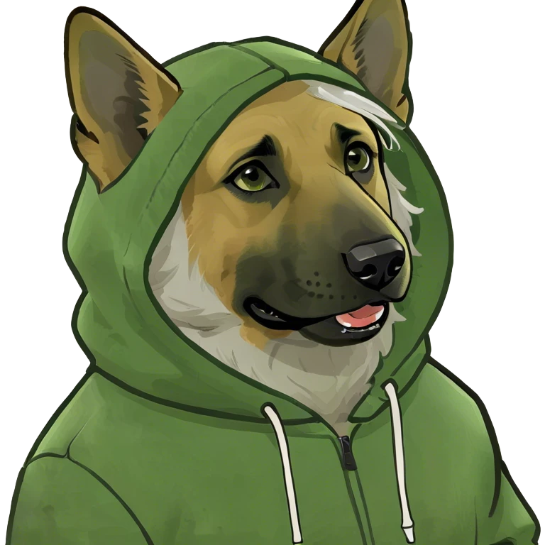 ￼ long haired German Shepherd wearing a hood emoji