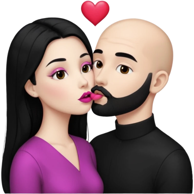 👩🏻‍❤️‍💋‍👨🏻 this one but the man should be bald. white woman with long black hair and white bald young man whoitiut hair and a heart between their heads. she has pink lips and both have brown eyes. he has e full beard but short. both wear black  emoji