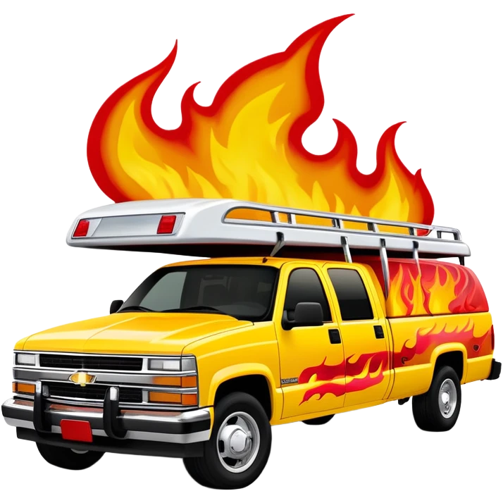 Yellow 1997 Chevrolet C-2500 Crew Cab with dramatic airbrushed red flame artwork flowing from front to sides, detailed flame design exactly like Kill Bill's Pussy Wagon, 30-degree view, iOS emoji style emoji