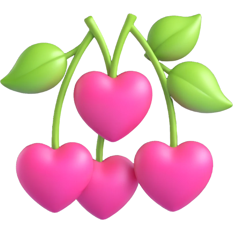 Two pink heart-shaped cherries with a pink ribbon bow, shiny and glossy, in 3D iOS emoji style on a white background. emoji