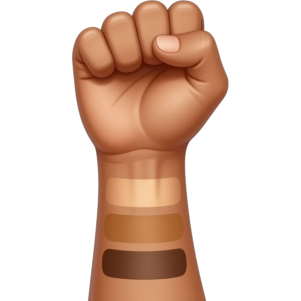 A close-up of a single raised forearm with a clenched fist, centered in the frame. The skin tone is medium tan with smooth texture. Multiple horizontal makeup swatches in varying shades of beige, caramel, and brown are applied along the forearm. emoji
