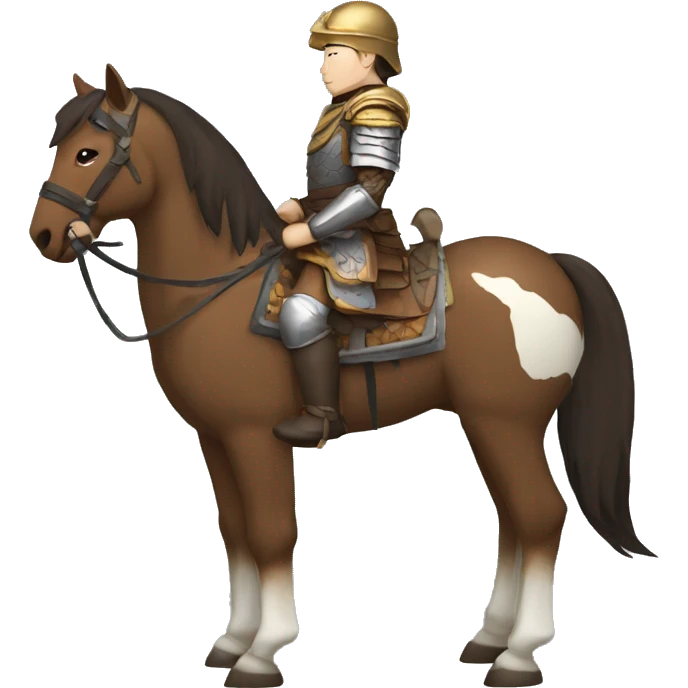 a mongolian soldier  with white skin and brown armor on a horse from the side emoji
