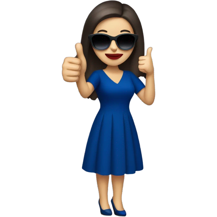 
brunette in dark blue sunglasses, with red lips and in a dark blue dress shows a thumbs up emoji
