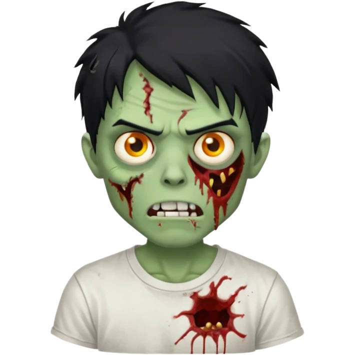 Rosto de frente classico de zombie boca meio torta cabelos medios grandes pretos bagunçados low fade com pele verde clara camiseta branca emoji