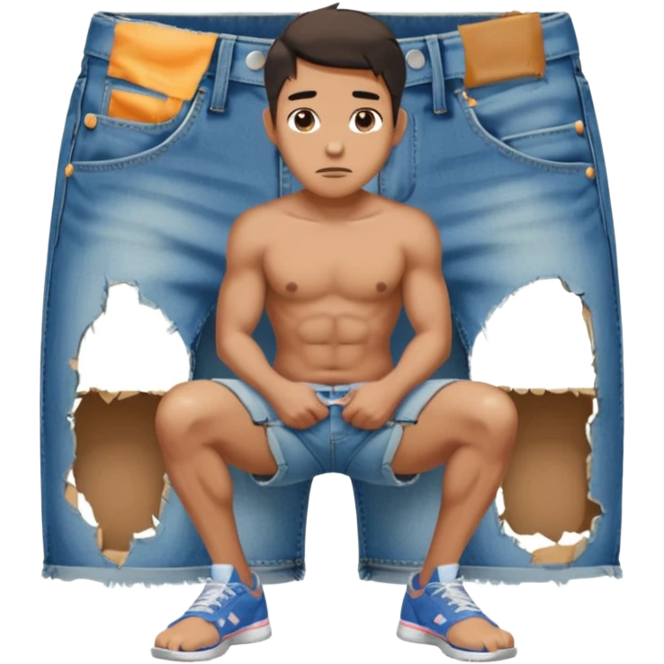 A squatting man legs spread apart and make a penis visible going through a hole in his broken shorts emoji
