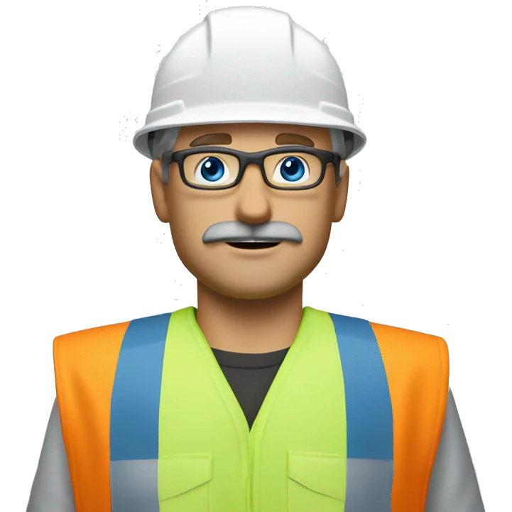 dirty blonde man, thin face, no beard but with mustache, blue/green eyes, glasses, wearing white hard hat that says ”gmc” in orange letters, orange safety vest, blue shirt emoji