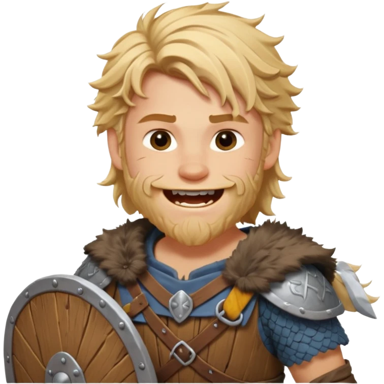 A young Viking warrior with messy blond hair, wooden shield, and fierce excited grin.
 emoji