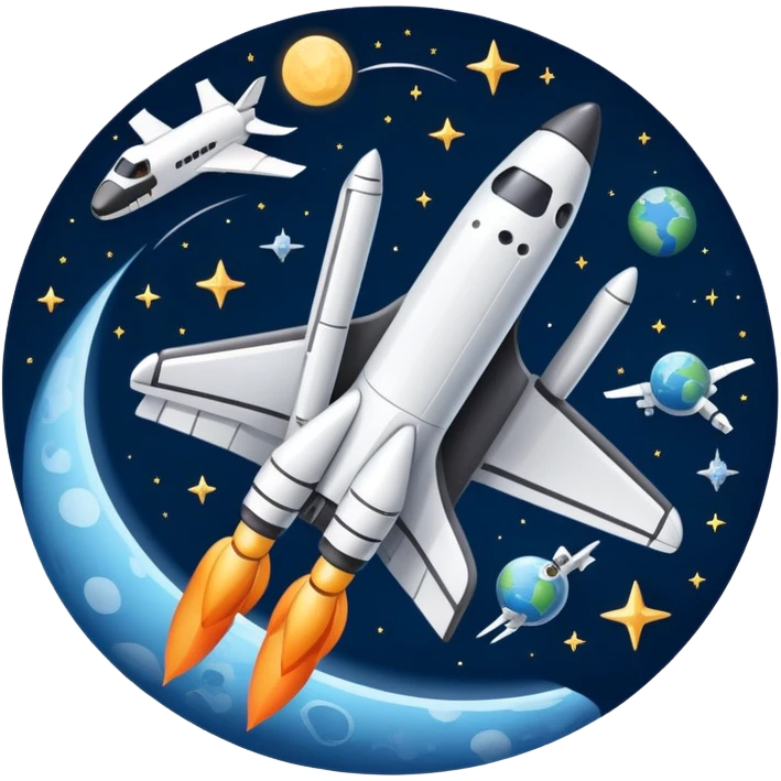An icon featuring a space shuttle, a drone, and an airplane against a starry sky, symbolizing aerospace technology. The design includes rocket boosters and satellite orbits, representing the exploration of space and advanced aviation. Transparent background emoji