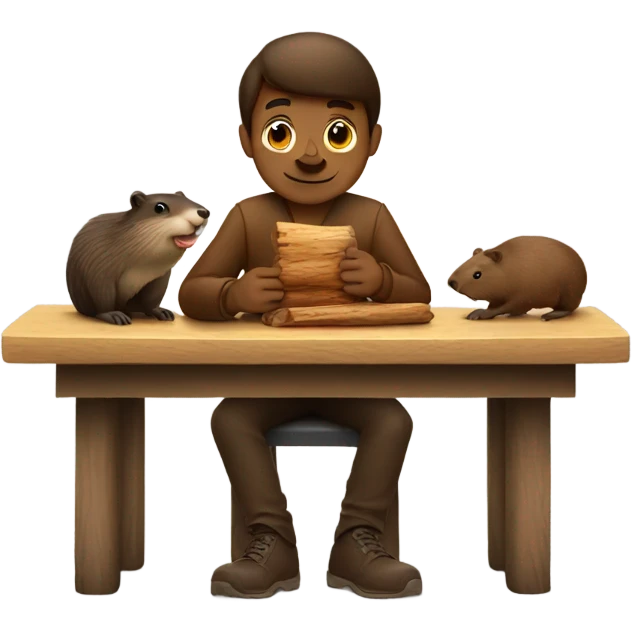 A guy is sitting with a beaver at a table and they are eating a log emoji