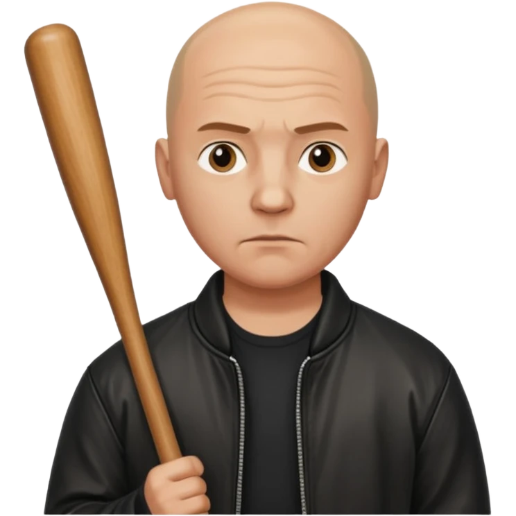 Bald Russian 1990s gangster emoji, leather jacket, , serious face with a bat emoji