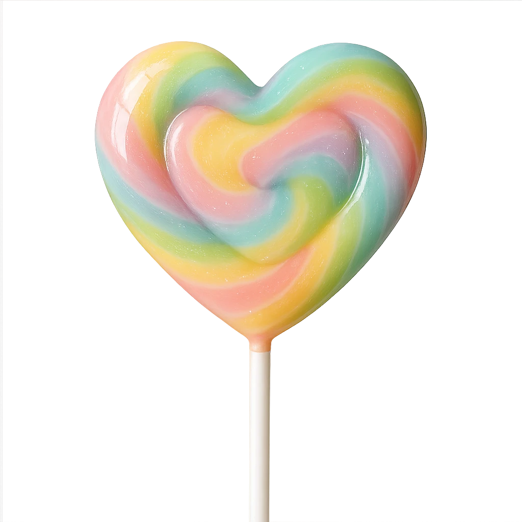 Change the lollipop to a heart shape, keep the pastel rainbow swirl, background transparent, realistic style. emoji
