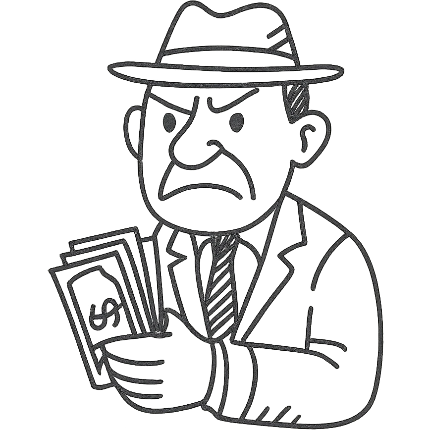 debt collector, exaggerated features, holding a stack of bills emoji
