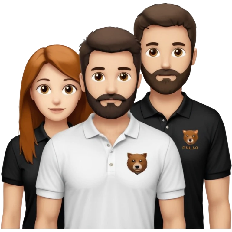 Criar Casal - Homem branco de cabelo liso e olhos marrom, com barba, expressão séria usando camiseta polo preta e mulher de pele branca cabelo cacheado marrom longo e olhos mel, usando uma regata branca, quero ela sorrindo emoji