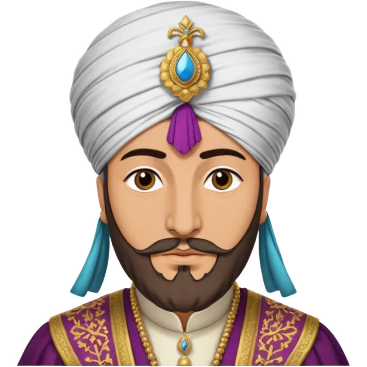 Seljuk Turkish emperor, historical costume, grand turban, luxurious fabrics, imperial presence, rich colors emoji