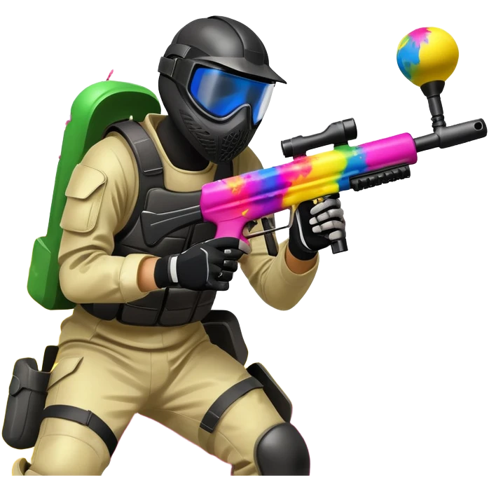 A dynamic scene of a player in action, holding a paintball gun and wearing protective gear. The background shows a vibrant paintball field with obstacles, colorful splatters of paint in the air, and an intense, competitive atmosphere. emoji