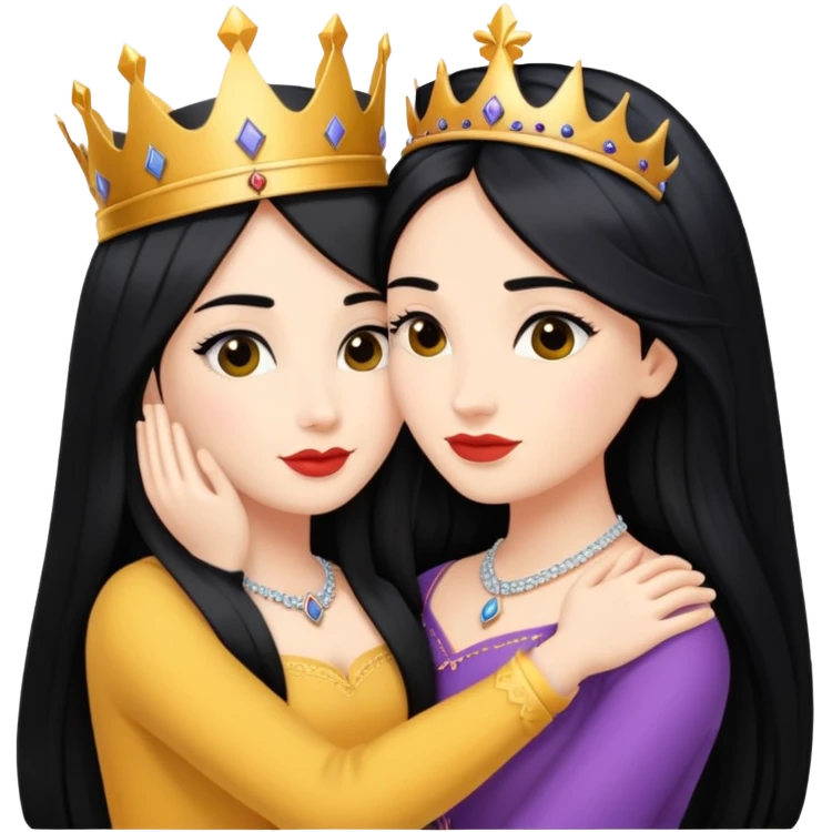 Two queens with long black hair hugging. emoji