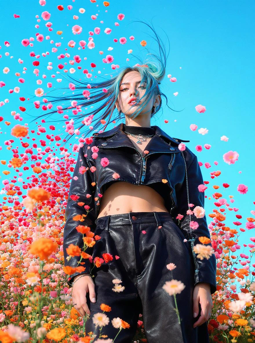 Minimalitic Closeup photo of a woman falling around explosion of a colorfull flowers wearing alternative fashion, blue sky minimalistic background emoji