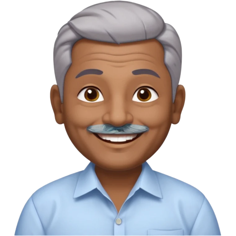 50 yr old indian man, dark skin, grey hair, big smile, white teeth, chubby, no moustache, clean shaven, young style hair, hair brushed back, 5 oclock shadow, bindy on forehead, dress shirt, bindy emoji