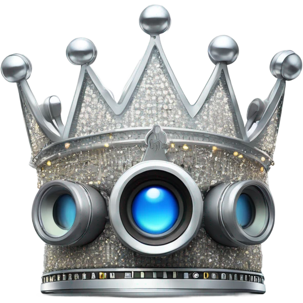 A regal crown made of microphones, cameras, and headline elements, glowing in platinum with dynamic accents, symbolizing five years of unparalleled loyalty emoji