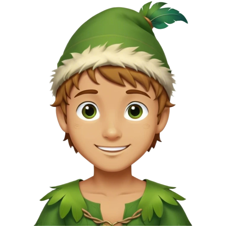 Cinematic Realistic Peter Pan Portrait, depicted with lifelike, youthful skin touched by a gentle sun-kissed glow. His bright, expressive eyes and confident smile evoke a timeless sense of wonder. Dressed in his iconic green tunic and feathered cap, every detail is rendered with soft, natural lighting that highlights his blend of innocence and courageous spirit. emoji