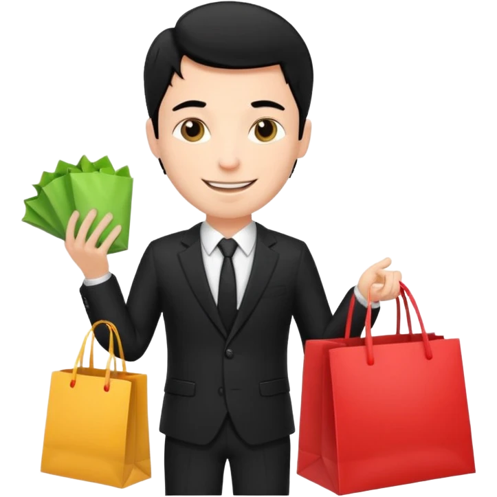 a white elegant man black hair in a black suit with clothing shopping bag emoji