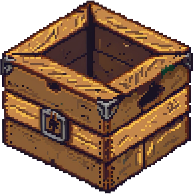 Flat 2D wooden crate with metal reinforcements, color #c2410c with darker wood grain, visible wood grain texture, metal bands across the crate, no perspective, flat 2D appearance, breakable look, simple warning symbol, 32x32 pixels emoji