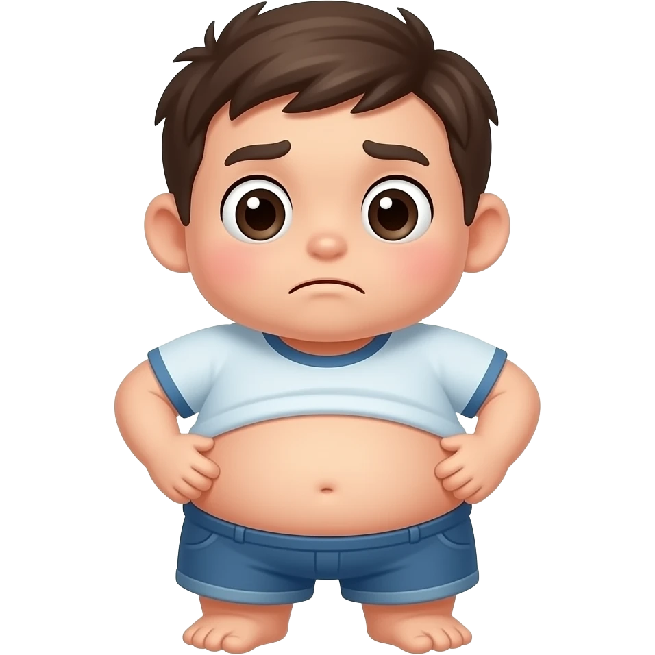 A funny sticker of a cute character pinching their belly fat with a confused face, white border, flat cartoon style, vibrant colors. emoji
