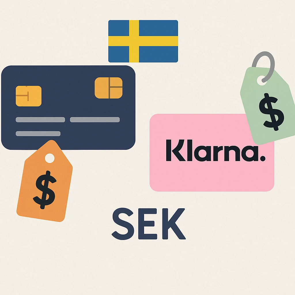 illustration showing a credit card with a high price tag or expensive symbol next to it, and a pink Klarna card with a lower price tag or savings symbol, representing that card payments are more expensive than Klarna in Sweden, include a small Swedish flag and SEK currency symbol, clear Swedish context emoji