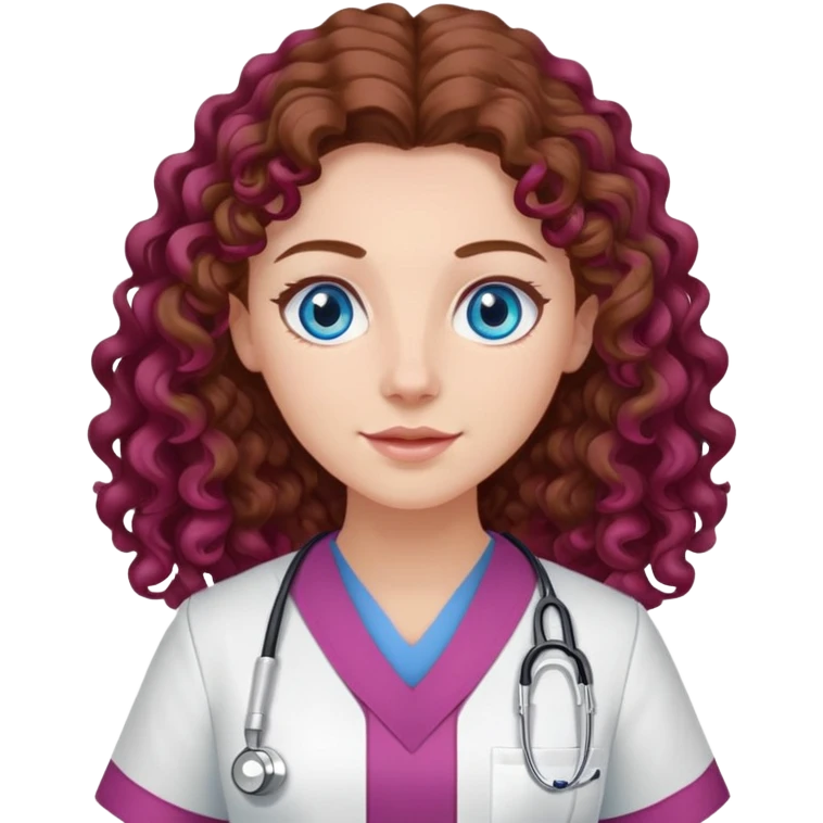 Nurse with long brown curly hair and blue eyes, burgundy tunic, white pants, pink shoes emoji