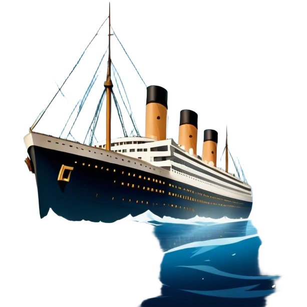 Icon for Titanic Movie: A vintage movie poster-style design featuring a dramatic scene of the ship, the iceberg, and a romantic silhouette of the main couple. Include elements like the ship’s bow, water splashes, and a starry sky in the background. Retro cinematic feel. Transparent background. emoji
