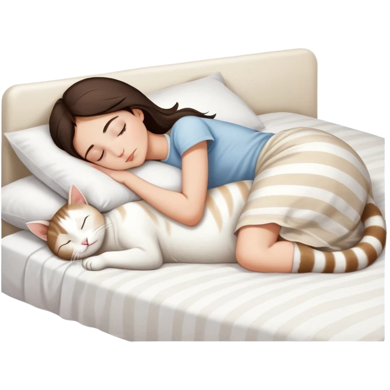 side view Brunette teenage girl sleeping with white cat that has beige stripes on a white pillow with white sheets emoji