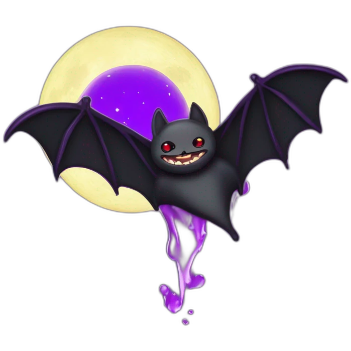 purple black vampire bat wings flying in front of large dripping crescent moon emoji