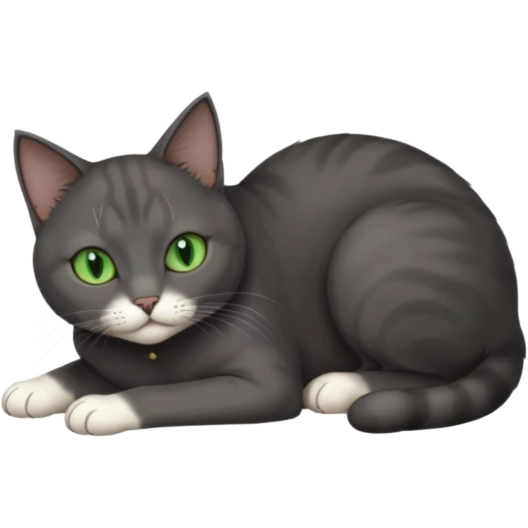 beautiful female solid dark grey cat with green eyes, white toes/paws and white patch on her chest lying down emoji