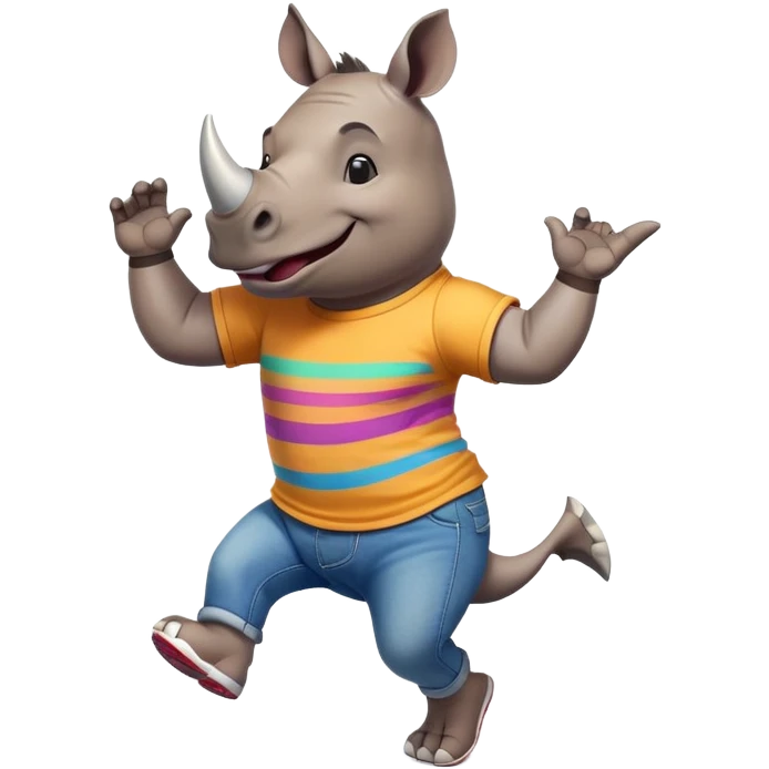 friendly anthropomorphised rhino in jeans and colourful t-shirt, wearing dark sunglasses, jogging upright, jumping with excitement, dynamic pose emoji