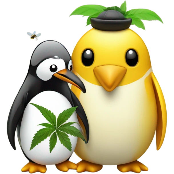 Penguin and bee with marijuana leaf emoji