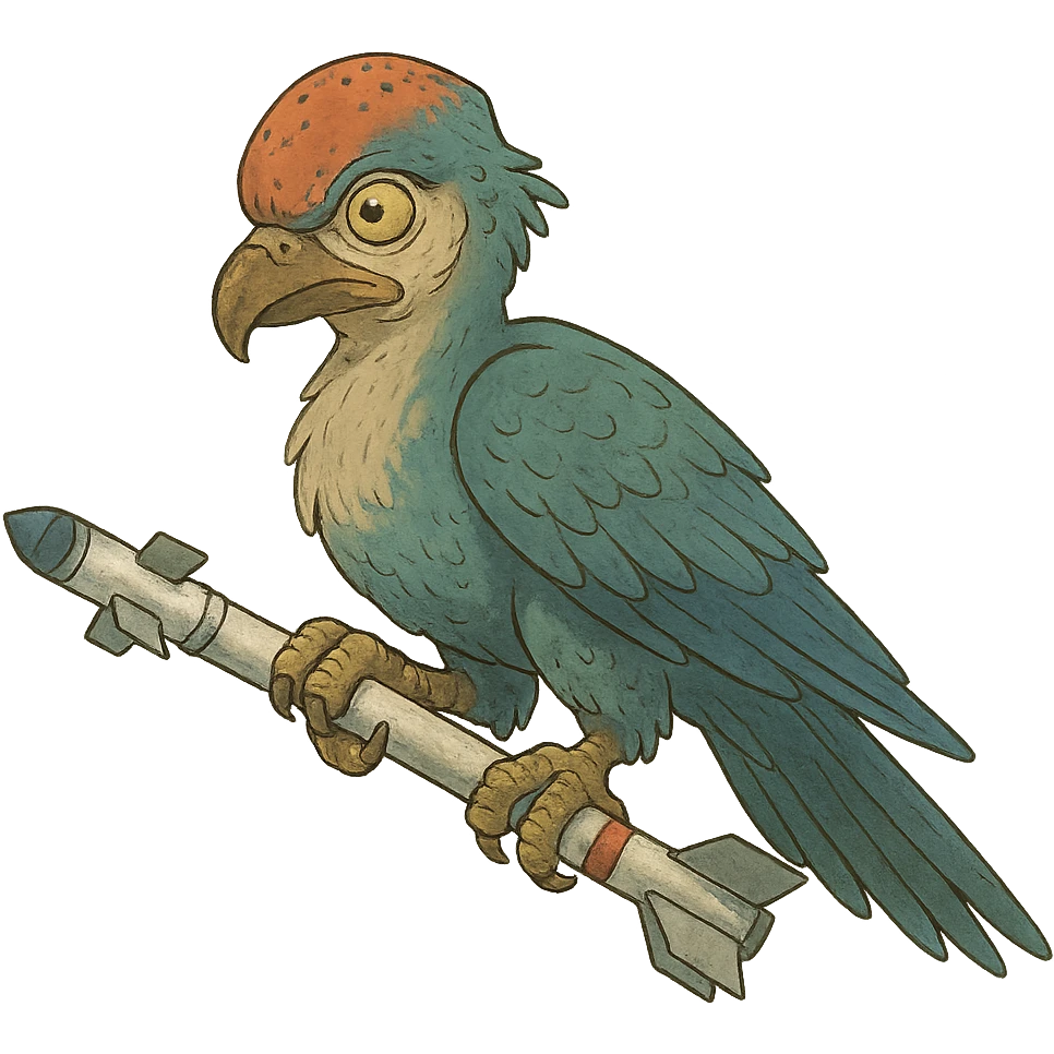 an insignia for a flag: a strange foreign alien bird creature, gripping a sidewinder missile in its' powerful claw
 emoji