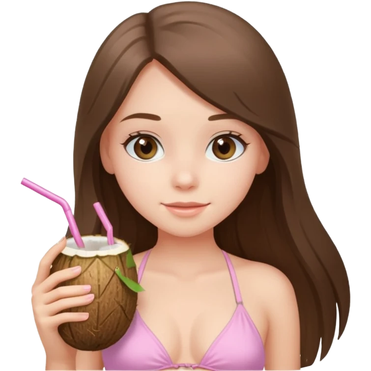 pretty white brunette teen long hair with hazel eyes and a small waist in light pink bikini holding a coconut drink emoji