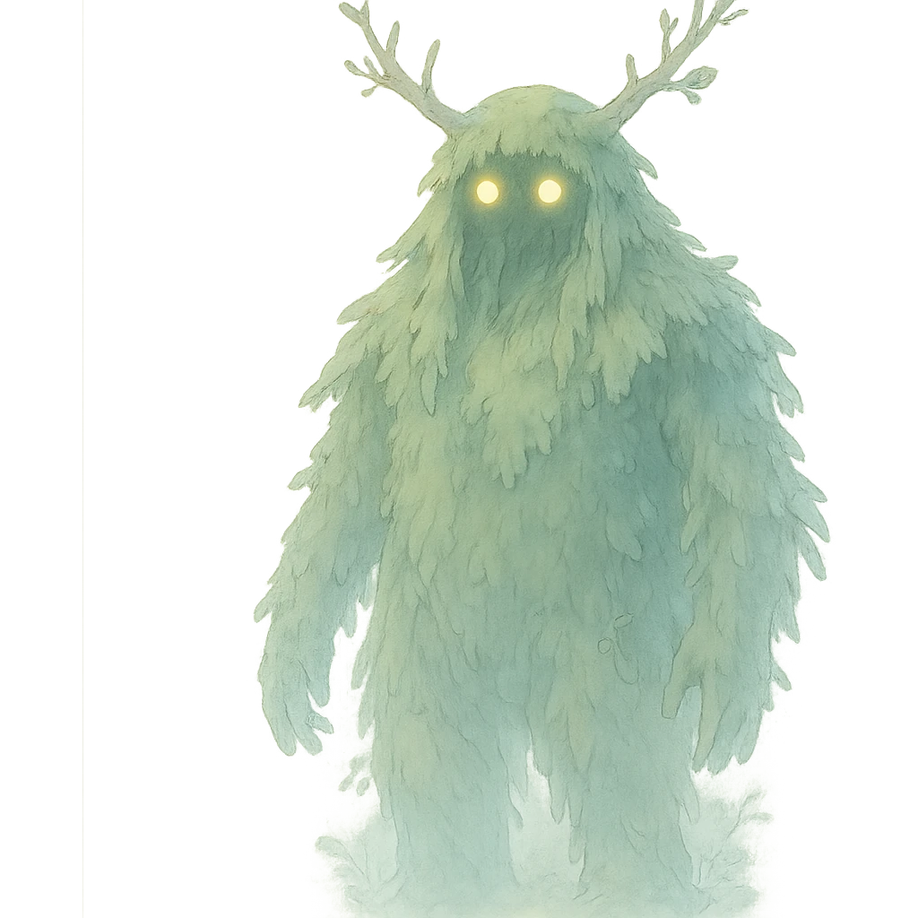 forest spirit with glowing eyes in ghibli style, mystical, ethereal, detailed emoji
